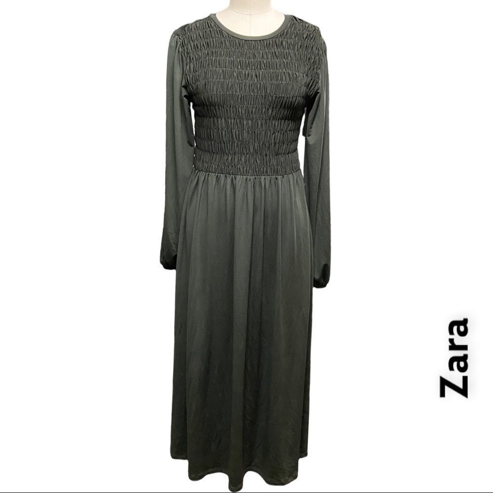 ZARA smocked top long sleeve black midi dress + size M